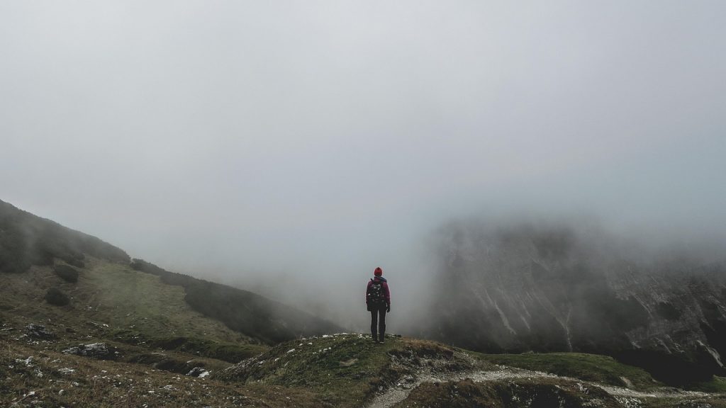 backpacker, mountains, fog, nature, highlands, mountainous, mountain landscape, trail, trek, trekking, backpacking, hiking, alone, solitary, solitude, adventure, cold, foggy, hiker, man, mist, misty